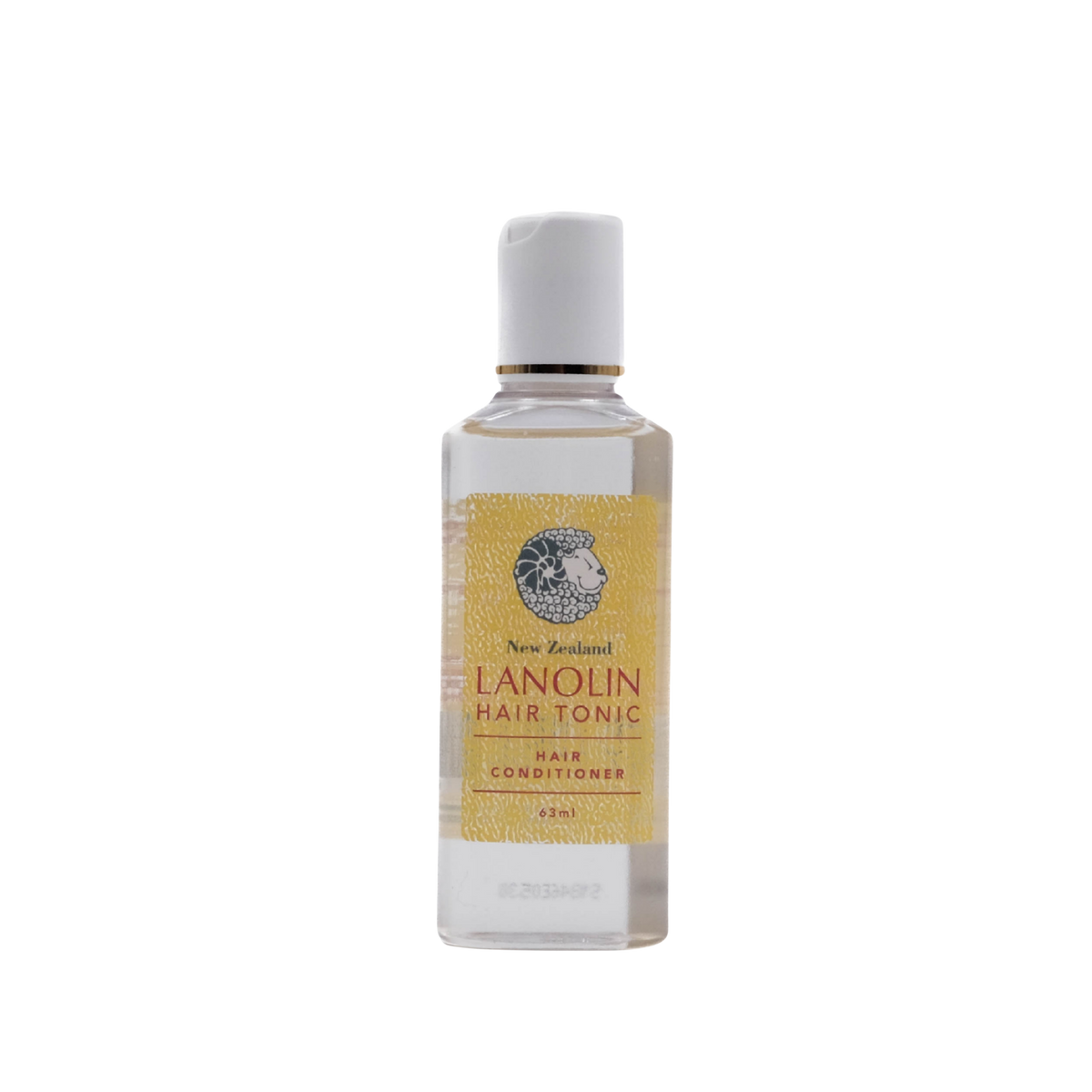 Bottle of Pure Source's New Zealand Lanolin Hair Tonic on a white background. Bottle lid is white with gold accents and bottle is clear with a yellow label with a sheep image in a blue tone. 