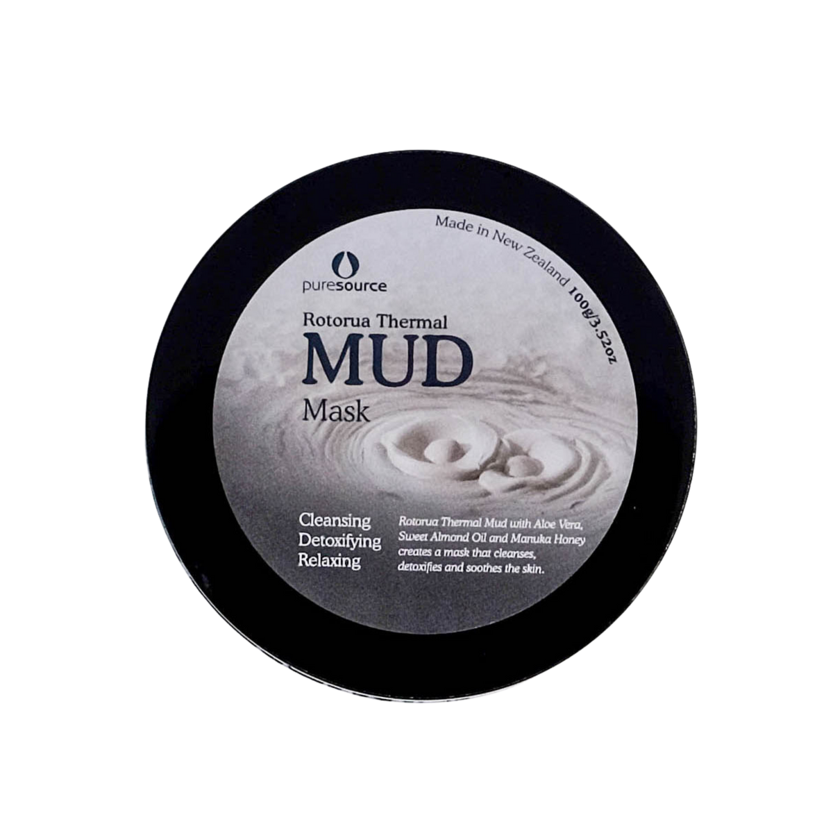 Pure Source Rotorua Thermal Mud Mask packaging on a white background. Packaging is black with a grey label showing geothermal bubbles in a mud pool and the words Made in New Zealand